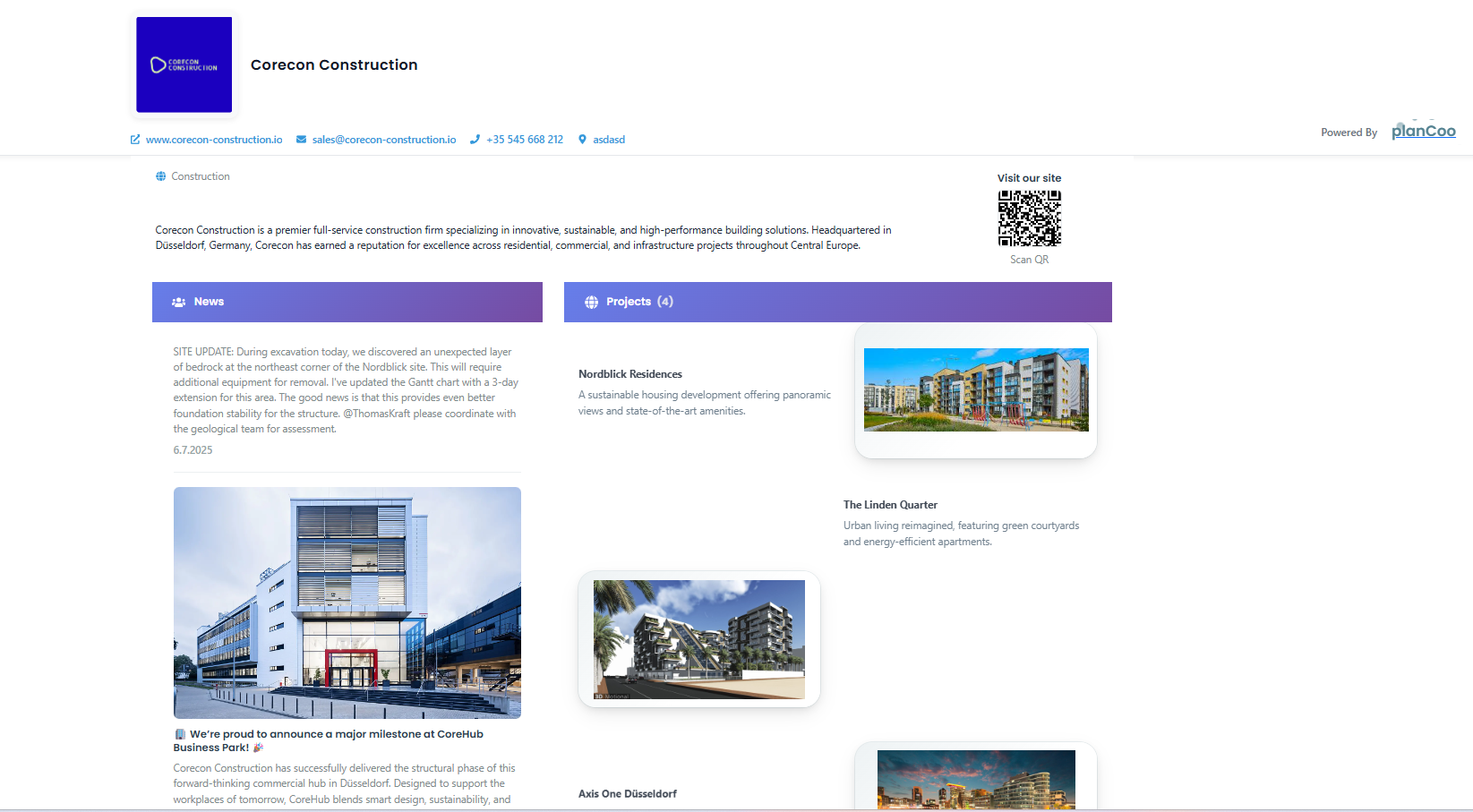 Company page example showing professional showcase with projects, contact details and QR code