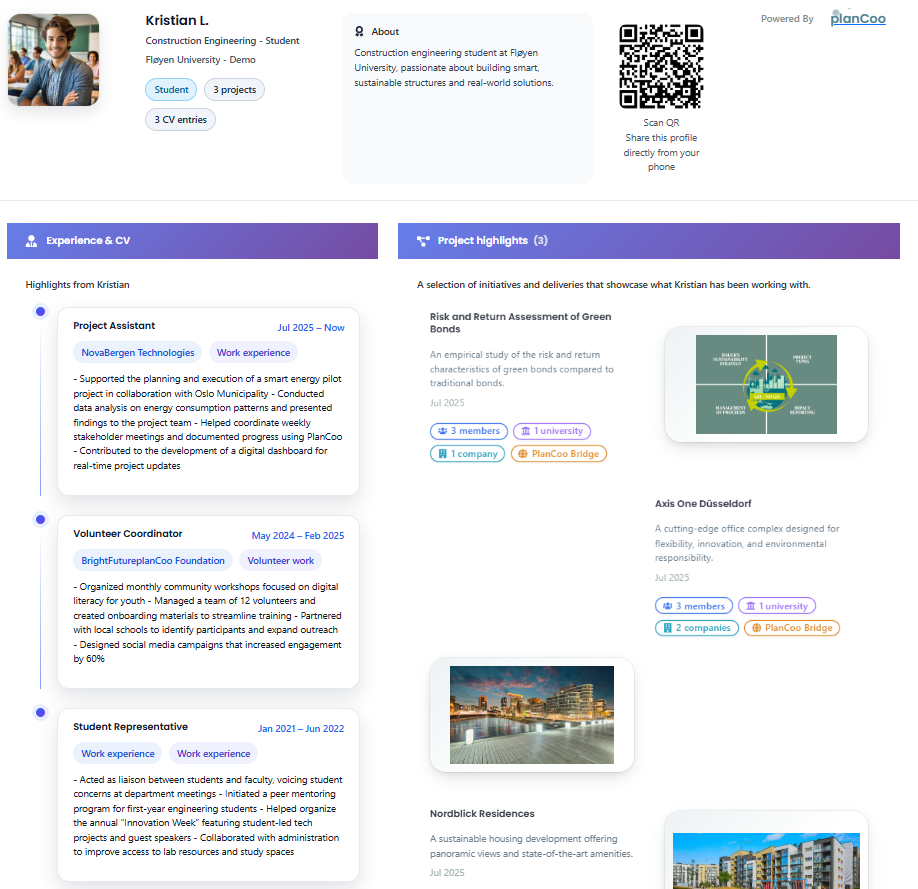 Live CV example showing automatic professional profile with projects and collaboration badges